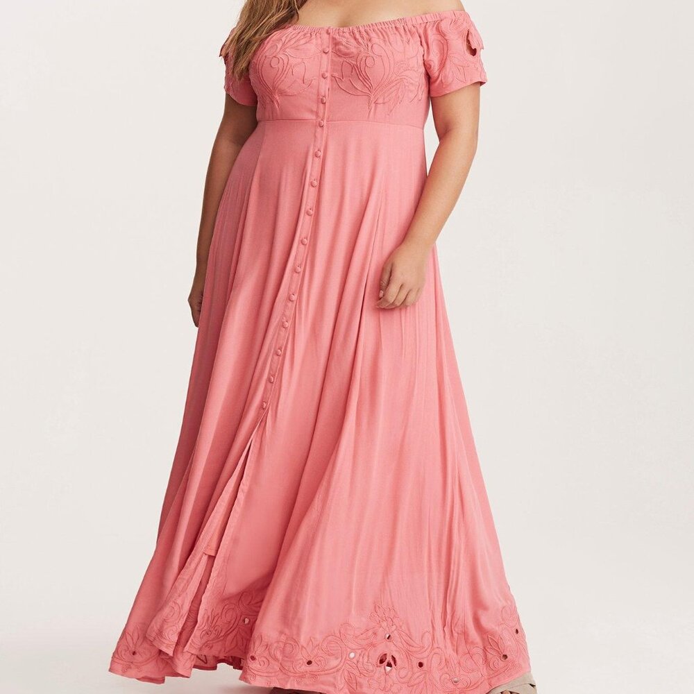 Torrid Coral Embroidered Off Shoulder Maxi Dress